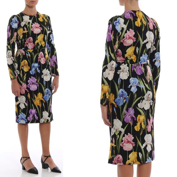 Dolce & Gabbana Iris Print Stretch Silk Midi Dress 38 2 - Picture 13 of 16